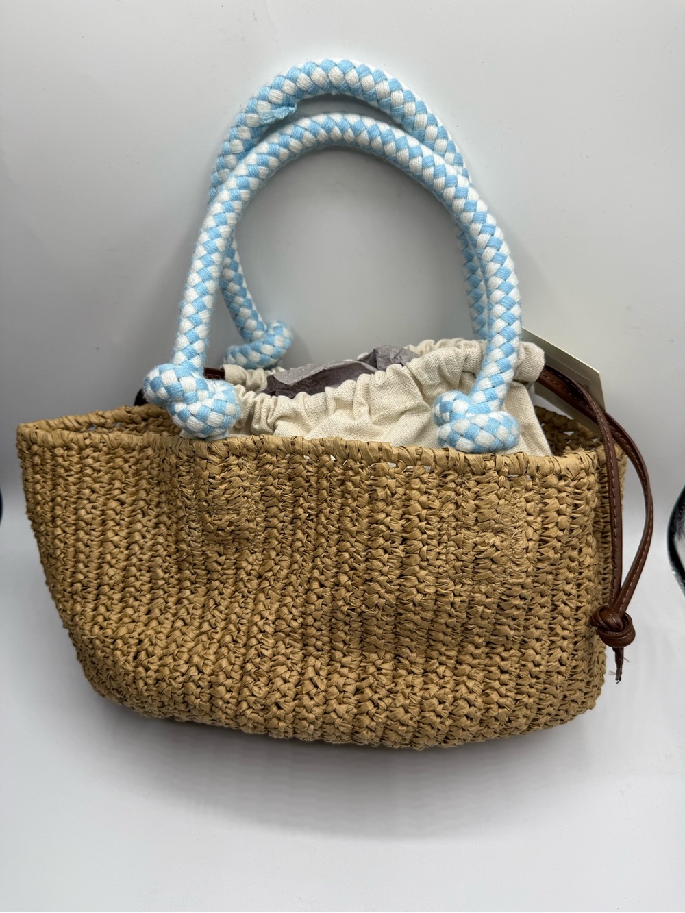 Sol and Mer Woven Straw Tote Bag Blue White Rope Handles Drawstring Insert NWT